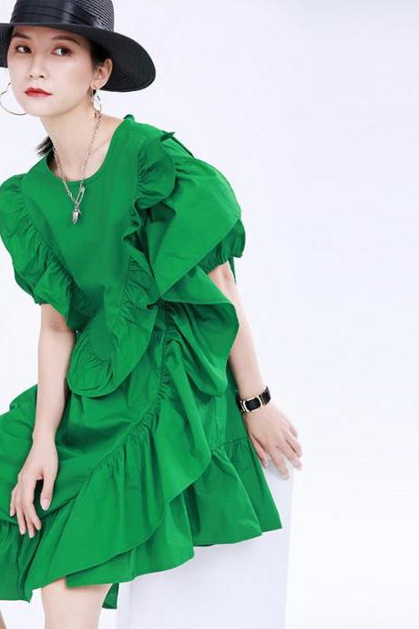 Designed 3d Ruffled Summer Women Green Short Dresses