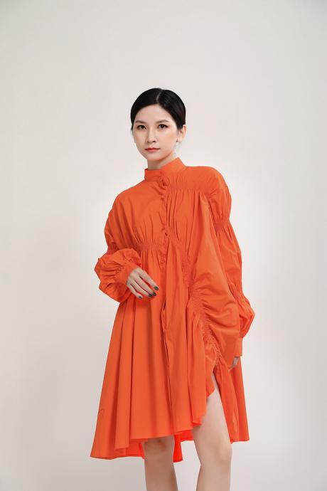 Designed Women Irregular Puff Sleeves Orange Dresses