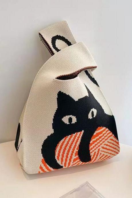 Fashion Cat Design Knitted Orange Handbags