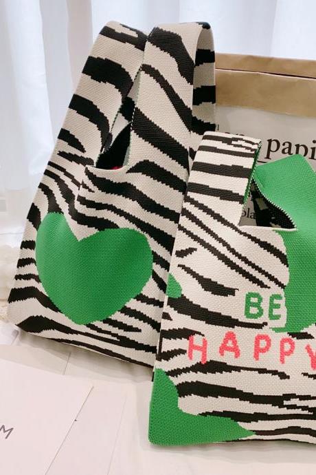 Fashion Zebra Knitted Green Sweetheart Design Handbags
