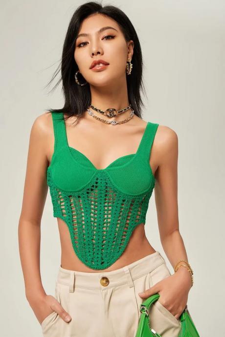 Fashion Crochet Knitted Midriff Baring Summer Green Tank Tops