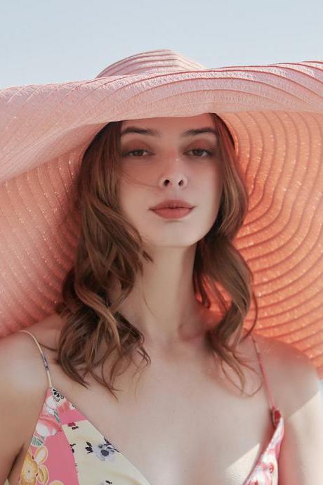 Summer Large Brimmed Sun Proof Pink Straw Hat Beach Hats