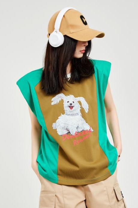Green Designed Cotton Sleeveless Shoulder Padded T Shirts