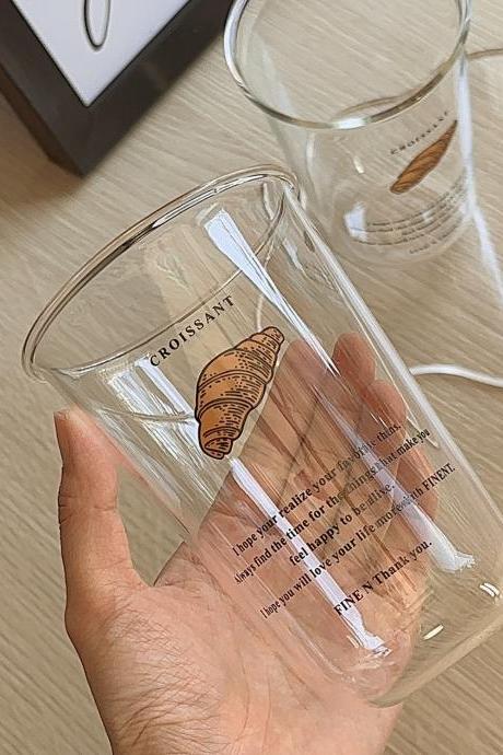 Korean English Letter Juice Cup Milk Breakfast Cup Croissant Glass Premium Niche Coffee Mug Whisky Glass Bubble Tea Cup
