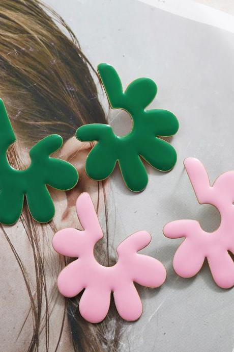 Vintage Green Pink Color Enamel Metal Flower Drop Earrings For Women Girls Geometric Leaf Flower Earring Statement Jewelry Gifts
