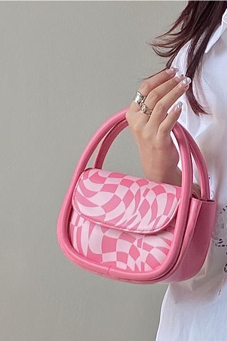 Pink Women&amp;amp;#039;s Small Shoulder Bags, Cute Plaid Tote Purse Handbags, Fashion Pu Leather Female Top Handle Crossbody Bag