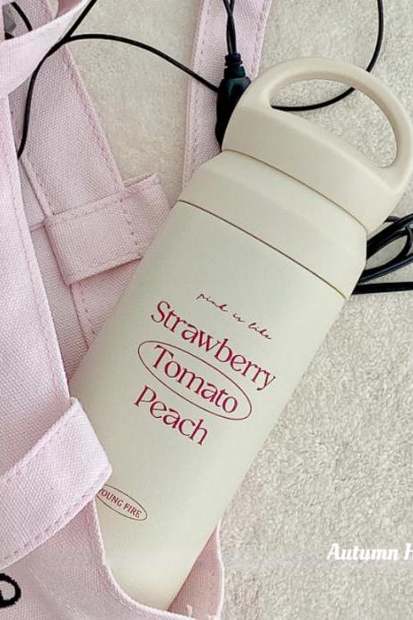Original Pink Printed Cream Colored Stainless Steel Insulated Cup Handle Portable Carrying Cup Water Bottle