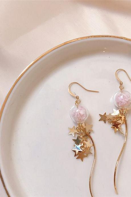 Original Sweet Pink Bubble Dangle Earrings For Women Glass Ball Cute Star Tassel Korean Style Drop Fashion Earrings Jewelry