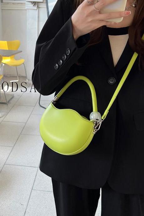 Fashion Designer Women Small Shoulder Bag PU Leather Ladies Round Crossbody Bags Candy Color Female Beaded Handle Handbags