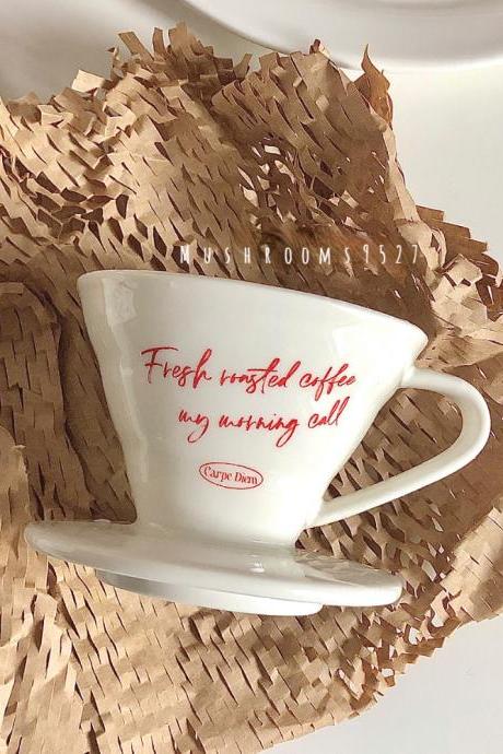 French Retro Red Letter Coffee Filter Cup V60 Hand Brew Filter Cup Ceramic Hand Brew Funnel Milky White