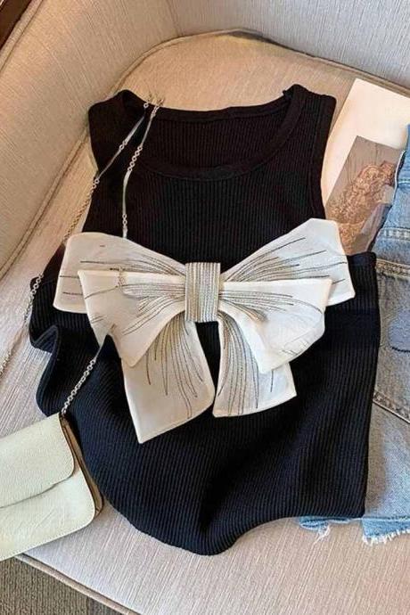 Y2k Summer Bow Crop Tops Women 2023 Ropa Mujer O Neck Sleeveless Knitted Vest Slim Fit Temperament Camis Sexy Solid Tanks