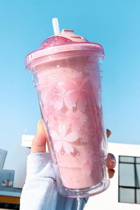 480ml Sakura Plastic Cup With Straw And Lid Bpa Double Wall Adult Drinking Water Bottle Tea Cup Kawai Home Office Gift