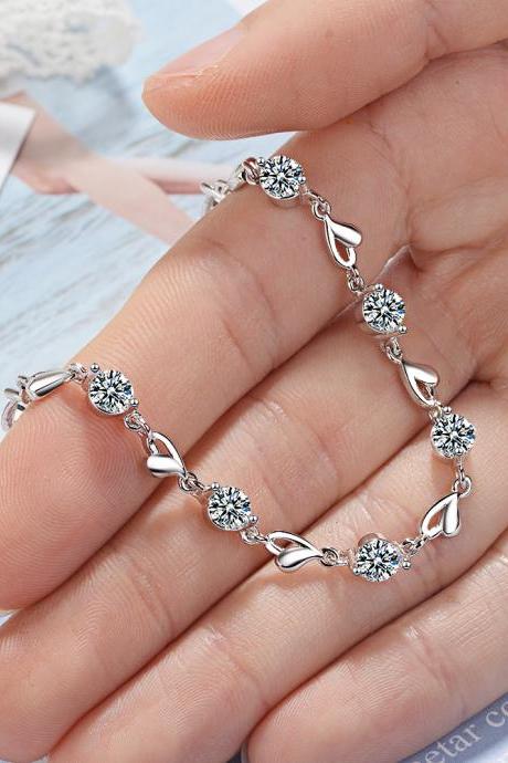 925 Sterling Silver Zircon Lovers Heart Shaped Bracelets Crystals For Women Valentines Gift Wedding Party Noble Jewelry