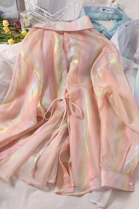 Transparent White Shirt Oversized Long Sleeve Top Pleated Blouse Solid Sparkles Fairycore Women Beach Tunic Korean Clothes