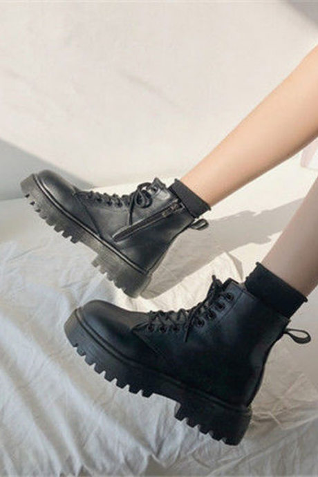 Popular Autumn Korean Fashion Handsome Lace-up Motorcycle Boots Net Red Thick-soled Casual Round Toe Boots Women