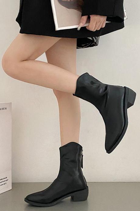 British Casual Black French Retro Thick Heel Boots Autumn 2023 Thin Pointed Chelsea Boots Women Shoes