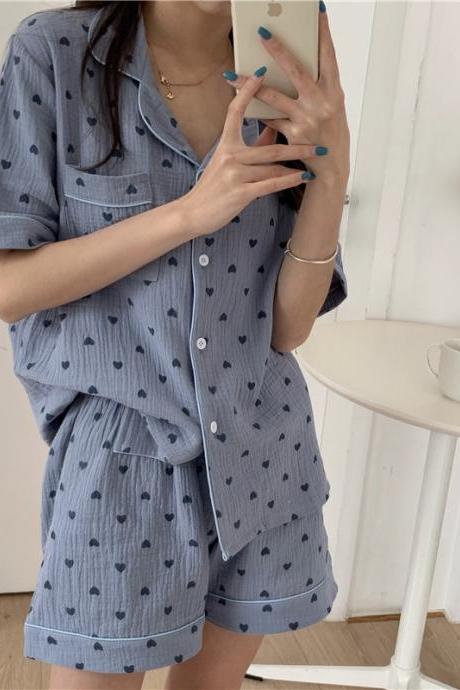 Lovely Heart Print Summer Pajamas Set Women Single Breasted Shirts + Shorts Set Two Piece Home Suit Cotton Sweet Kawaii