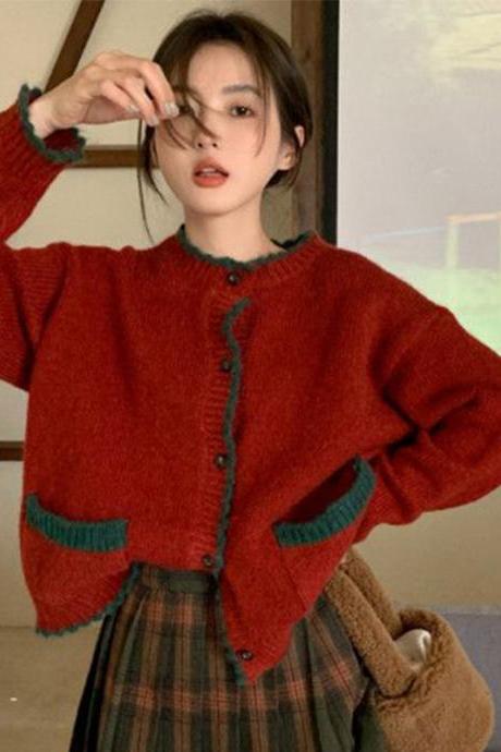 Vintage Knitted Cardigan Women Sweet Patchwork Sweater Jackets Korean Single Breasted Knitwear Coat Casual Jumpers Outwear