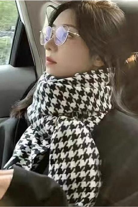 Korean Fashion Houndstooth Scarf Women Men Autumn Winter Warm Soft Knitted Plaid Long Neck Scarf Scarves Accessories