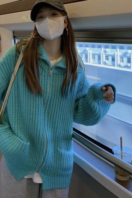 Zipper Up Women's Knitted Cardigan Spring Blue Turtleneck Sweaters Woman Korean Style Long Sleeve Cardigans Female