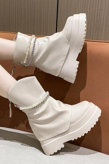 Shoes for Women 2023 Winter Women's Boots Solid Color Round Toe Turned-over Edge Beaded Chain High Heels Water Proof Shoes Women