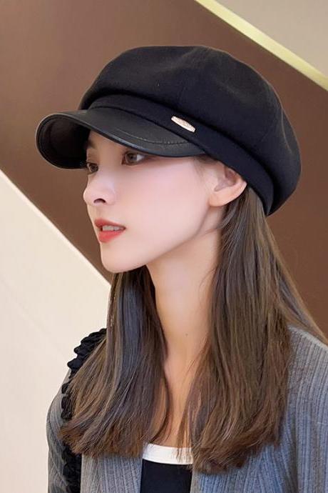 Pu Material Splicing Beret Female Korean Version Of Autumn And Winter Vintage Temperament Fashion Octagon Hat