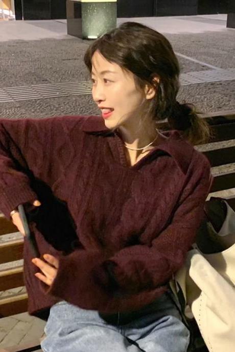 Autumn Winter Turn Collar Knitwear Pullover Clothes Korean Style Arrival Long Sleeve Elegant Vintage Women Sweater