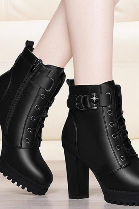 Autumn Women's Platform Shoes Plus Velvet Chunky Heel Heeled Ankle Boots For Women Winter Keep Warm Ladies Short Boots