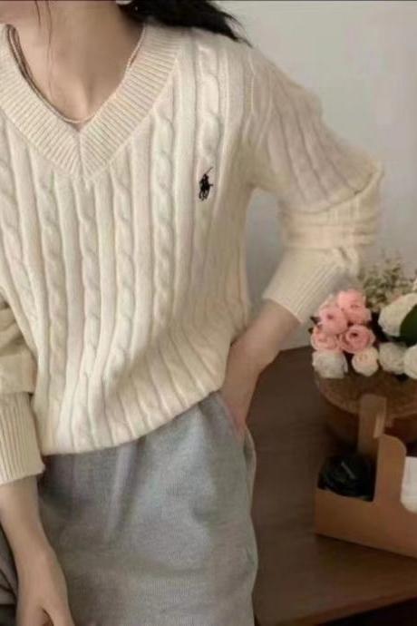 High-quality V-neck Sweaters Women Twist Pullover Knitted Jumper Loose Pullover Slim Blouse Top Long Sleeve Casual Knitwear