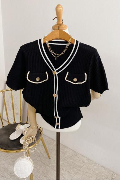 Korean Chic Small Fragrance Style Gold Button Knitted Top Women&amp;#039;s Contrast Color Sense Temperament Short V-neck Cardigan
