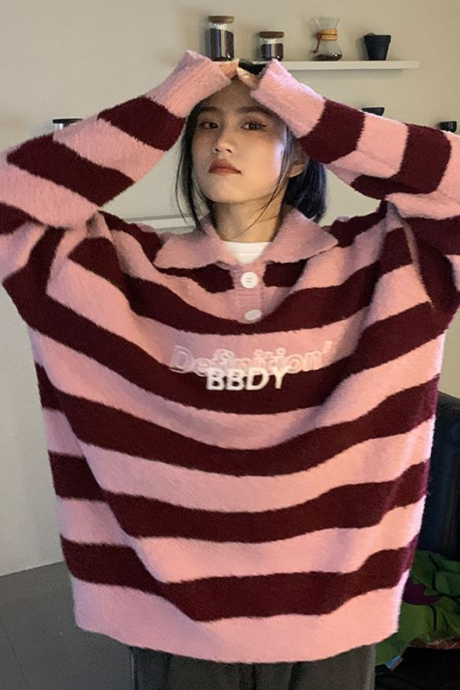 Preppy Style Striped Pink Jerseys Women Harajuku Vintage Oversize Sweater Knitted Top Korean Streetwear Letter Pullover