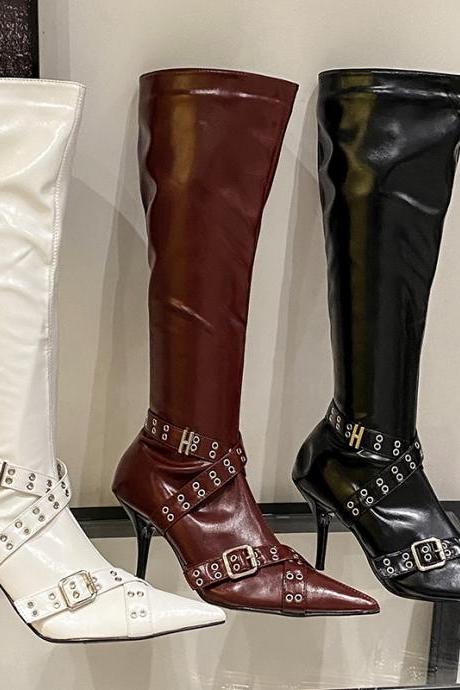 Female Zipperspointed Toe Fashion Buckle Footwear Elegant Women Heeled Shoes Long Modern Ladies Knee High Boots Boots Shoes