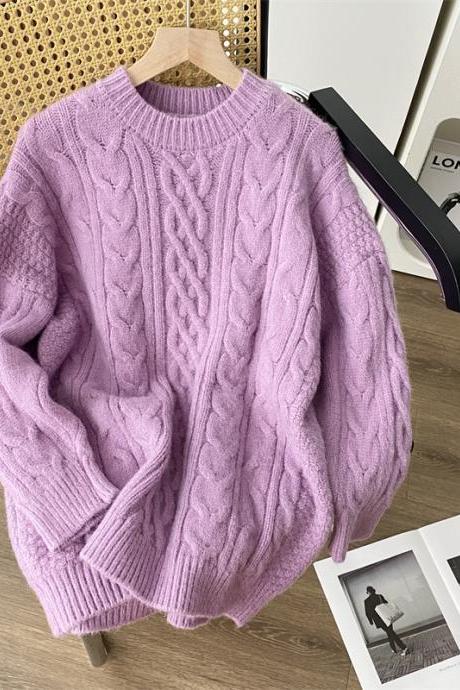 Purple Sweater Jumpers Women Solid Color Loose Top Keep Warm Sweet College Style Knitwear
