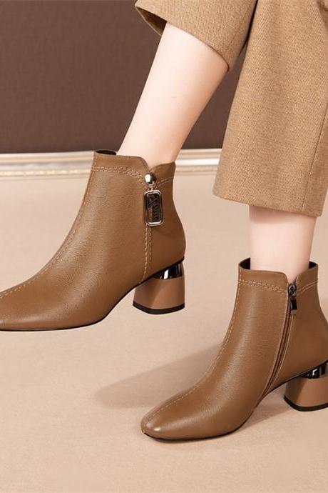 Autumn And Winter 6cm Korean Version High-heeled Ankle Boot Woman Plus Velvet Short Women Boots Metal Decoration