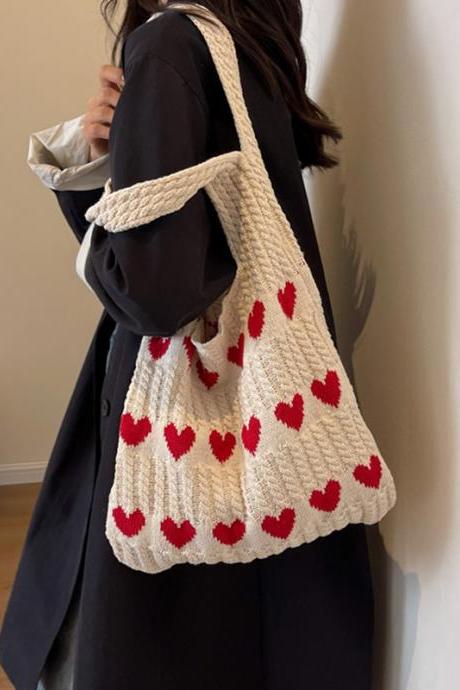 Y2k Korean Women Fashion Sweet Heart Girls Crochet Hand Bag Ladies Kawaii Purses Shoulder Underarm Shopper Clutch Knit Tote Bags