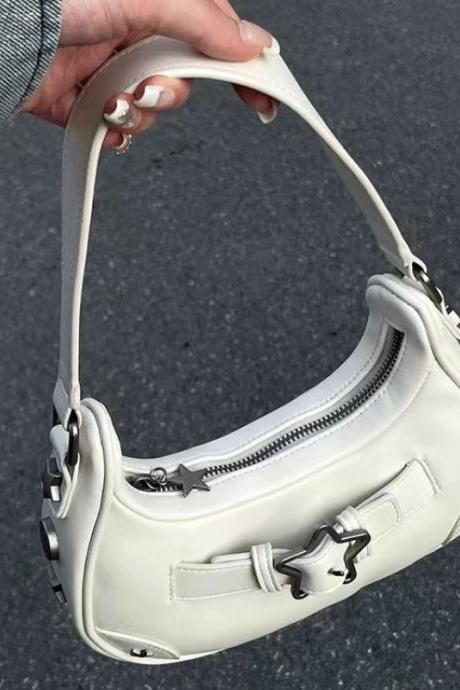 Vintage Korean Casual Cute White Star Shoulder Underarm Tote Bag Ladies Sling Bags Leather Zip Purses Handbags Women