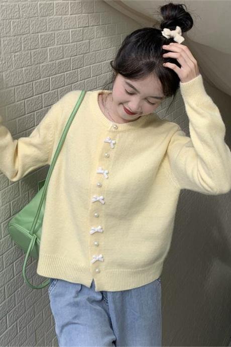 Korean Fashion Autumn Winter Japanese Girls Knitted Cardigan Sweet Cute Pearl Bow Pink Sweater Tops Women O-neck Knitwear Coat