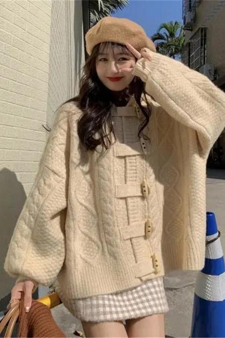 Women Sweet Knitwear Beige Loose Hooded Cardigan Oversize Horn Button Long Sleeve Jackets Korean Preppy Cute Pink Coats Tops