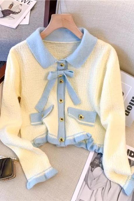 Women Sweater Sueter Mujer Sweet Ruffles Lace Up Long Sleeve Pull Femme Vintage Knitted Cropped Cardigan Coat Women's Clothes