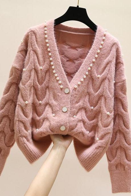 Fashion All-match Knitted Outer Wear Sweater Sweet Beaded V-neck Knitted Cardigan Women's Spring