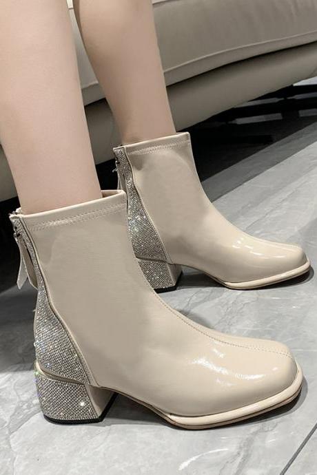 Women's Autumn And Winter French Style Small Fragrance Stitching Rhinestone Round Toe Patent Leather Ankle Boots