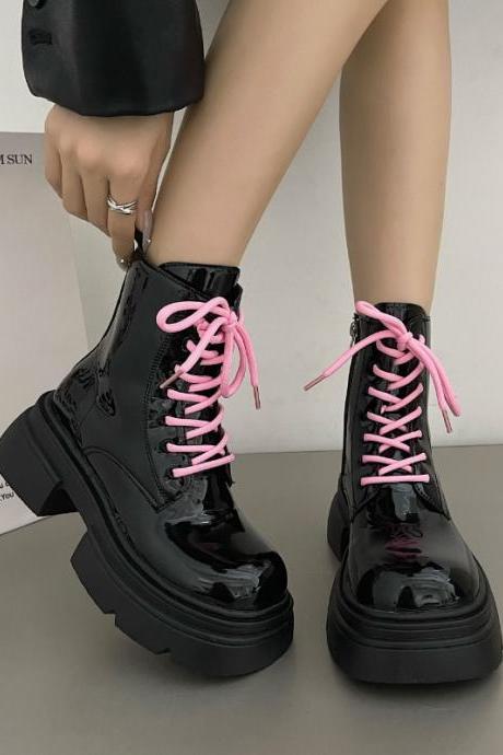 Black Patent Leather Women&amp;#039;s Boots Round Toe Platform Ladies Ankle Boots Pink Lace Up Motorcycle Boots Fashion Gothic Shoes