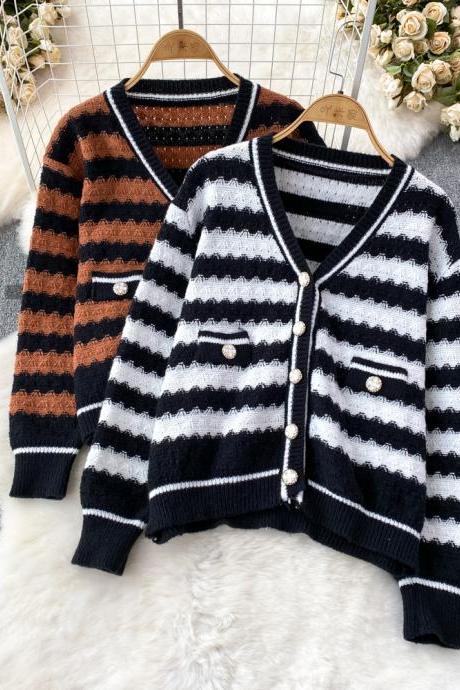 Vintage Stripe V Neck Single Breasted Cardigan Knit Long Sleeve Korean Fashion Sweater Women Autumn Winter Knitwear Top