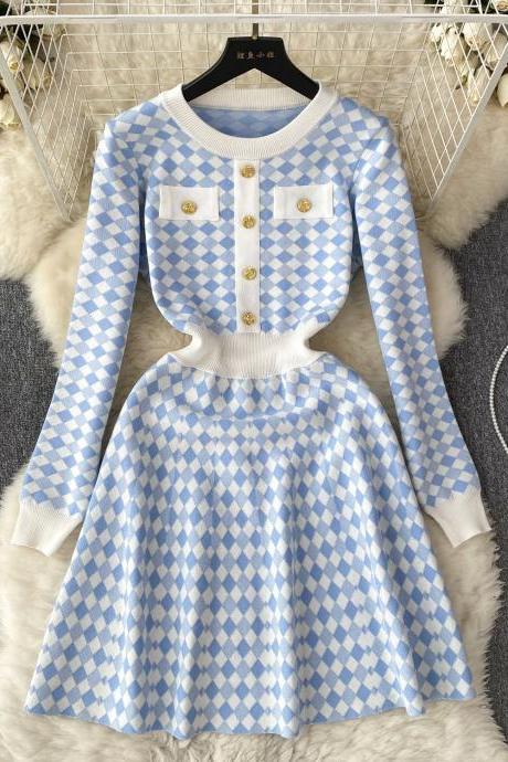 Korean Style Plaid Dress O Neck Button Long Sleeves Autumn Female Fashion Chic Sweet Knitted A Line Sweater Dress Winter