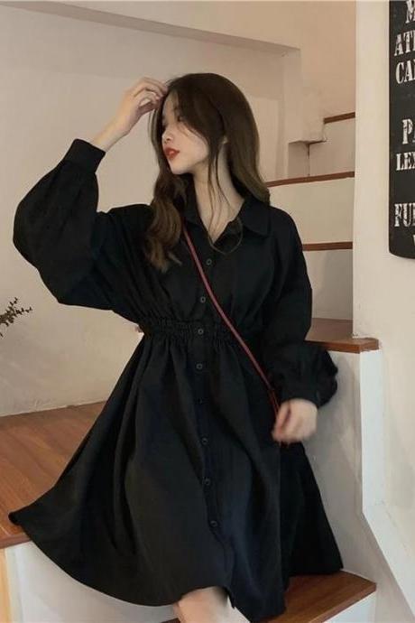 Shirt Dress Women Black Lantern Long Sleeve Elastic Waist A Line Mini Dress Preppy Korean Solid Simple Casual