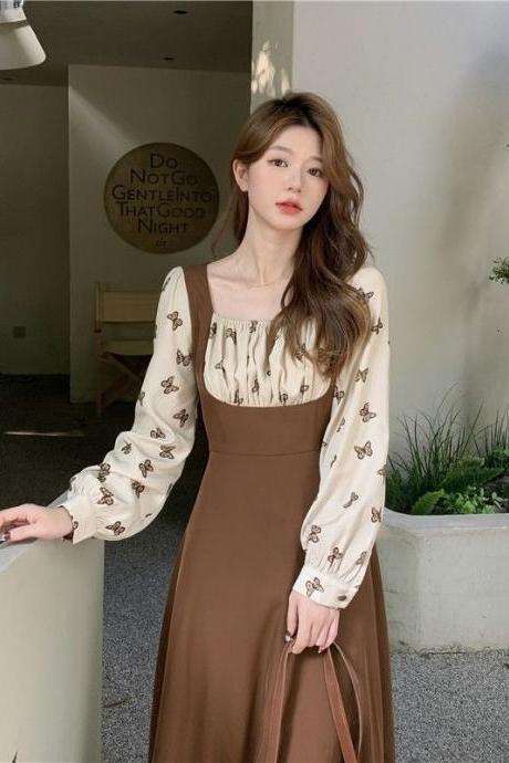 Vintage Brown Midi One Piece Dress Women Korean Style Floral Long Sleeve Tunic Dresses French Corset Vestidos Autumn