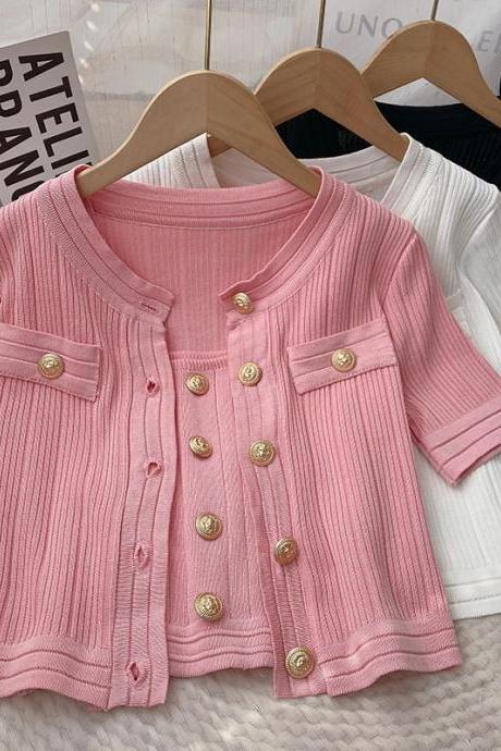 Summer Korean Elegant Single Breasted Short Sleeve Knitted Cardigan+bottom Sleeveless Strap Vest Set For Women