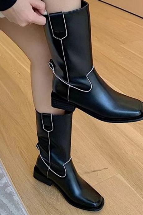 High Quality Slip-on Women's Boots Fashion Sewing Modern Boots Women Round Toe Mid-calf Boots
