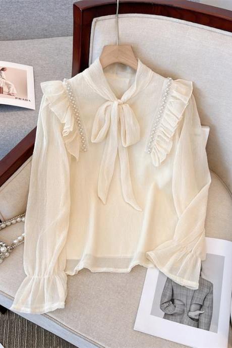 Korean Version Of Ruffled Beaded Chiffon Shirt With Bow Tie Flared Sleeves V-neck Sweet Fairy Solid Color Top