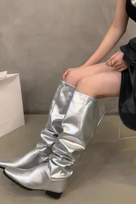 Silver Women&amp;#039;s Boots Autumn Winter Fashion Long Boots Women Shoes Bright Surface Pleated Knight Boots